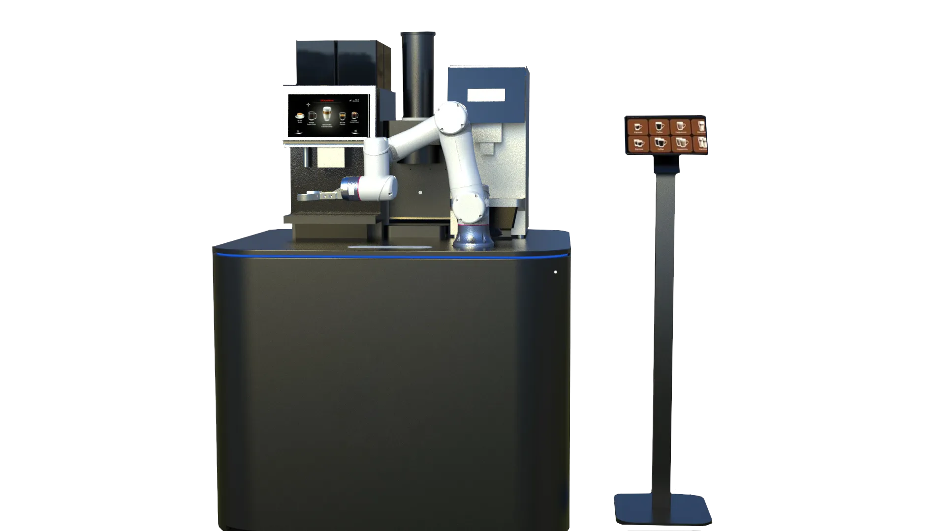 Single-arm robotic coffee station and customer ordering screen