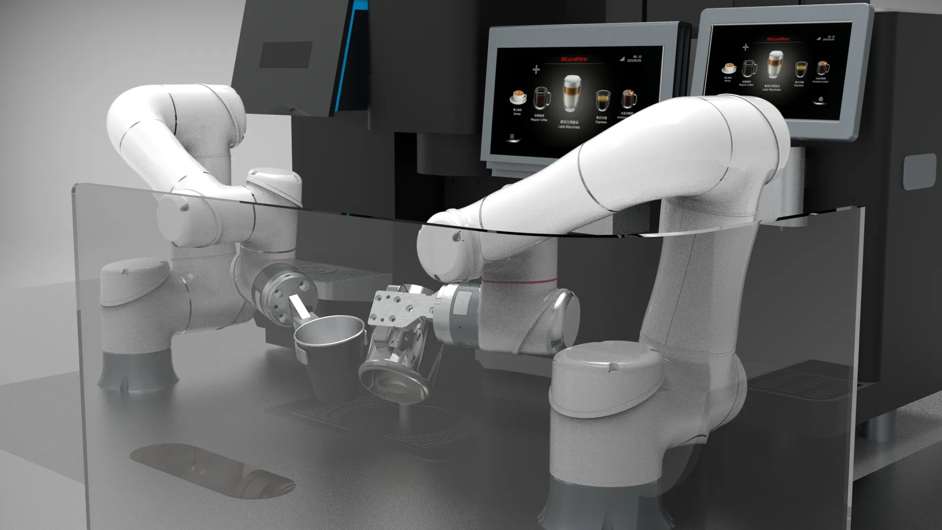 Dual robotic arms preparing drinks at an automated beverage station